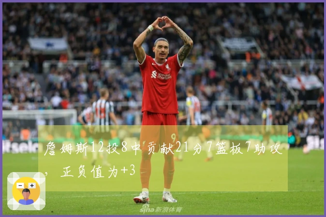 詹姆斯12投8中贡献21分7篮板7助攻，正负值为+3